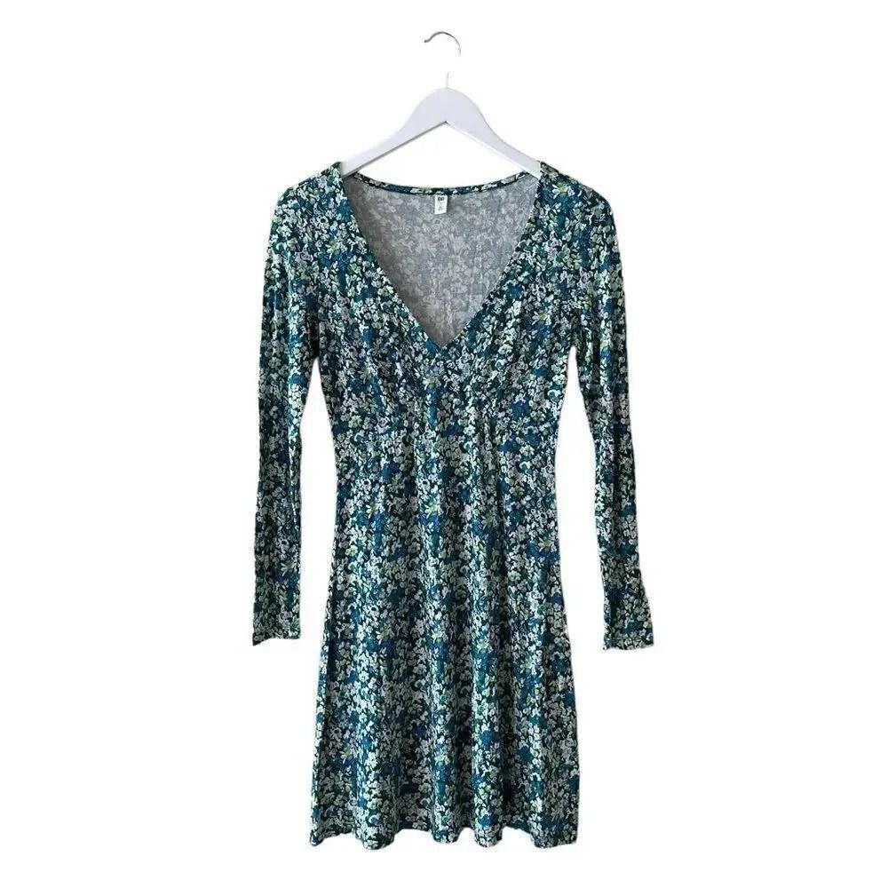 Nordstrom BP Viscose Blue Green Floral V-Neck Long Sleeve Flare Knit Small
